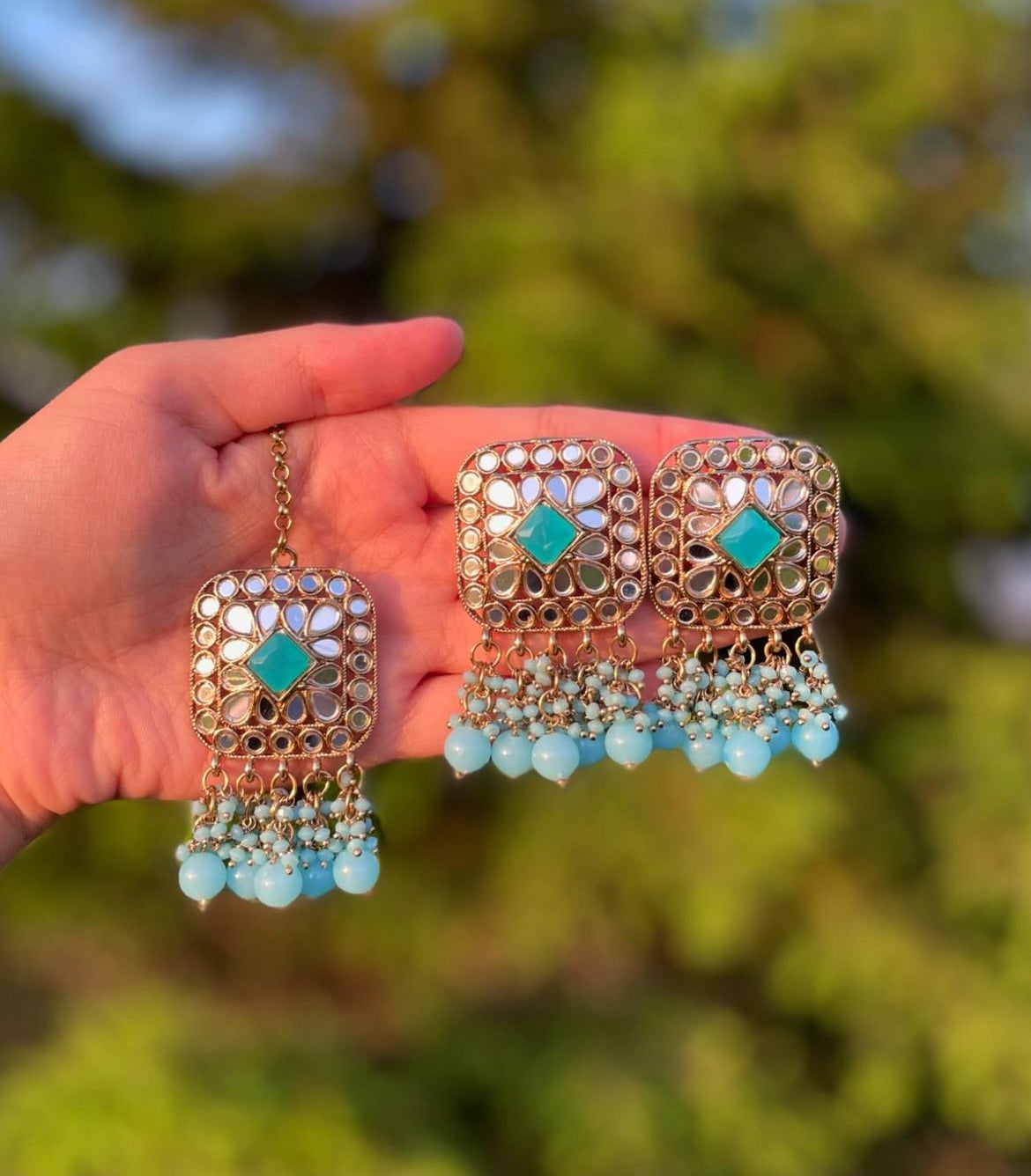 ✨Indian Mirror Stud Earring Tikka Set✨